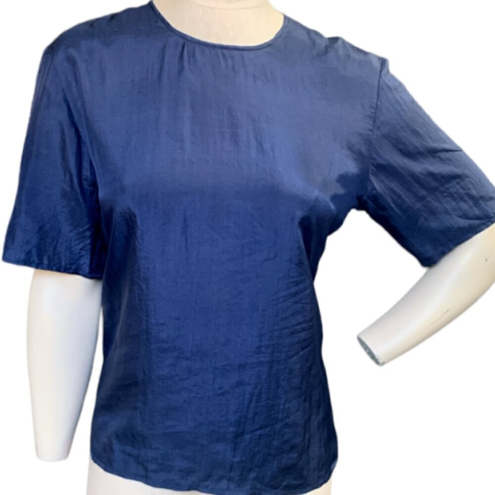 Jonathan Martin Silk Short‎ Sleeve Crew Neck Tee Top Blouse Sz S Navy Blue #352A